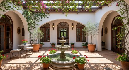 Beautiful Spanish Courtyard with Fountain and Lush Greenery.