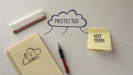 Secure Cloud Storage Concept with Notes and Pen on Table Surface