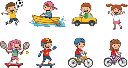 Art & IllustrationHappy kids playing sports and outdoor activities, cycling, boating, skating, driving, jumping, healthy children enjoying active lifestyle, cartoon illustration