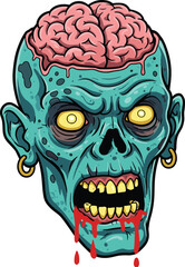 Art & IllustrationHorror cartoon zombie head with exposed brain, scary undead monster skull illustration, creepy Halloween character art, vector undead design