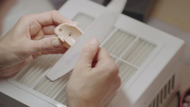 Artist carefully sands silicone doll head with soft cloth, smoothing surface to remove imperfections before further detailing and finishing steps