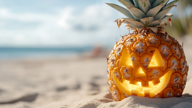Festive pineapple jack-o'-lantern on a sandy beach, glowing with a playful grin against a bright tropical backdrop. Fun in the sun!