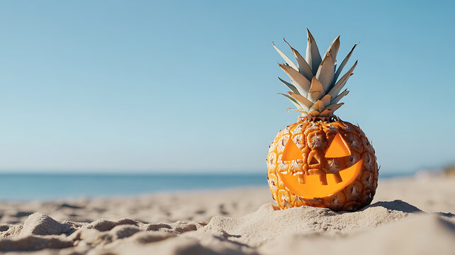 Tropical Halloween: A pineapple carved like a jack-o'-lantern sits on a sandy beach with blue ocean in the background, a fun coastal twist on the spooky season.
