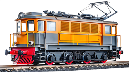 Vintage Orange and Gray Electric Locomotive on Tracks train railway isolated on a transparent background