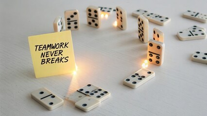 Teamwork Motto with Dominoes and Sticky Note on White Surface