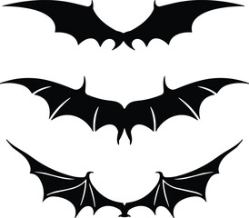Stylized bat silhouette set, black wings design, gothic flying creature, Halloween icon, fantasy bat shapes, vertical layout, spooky art