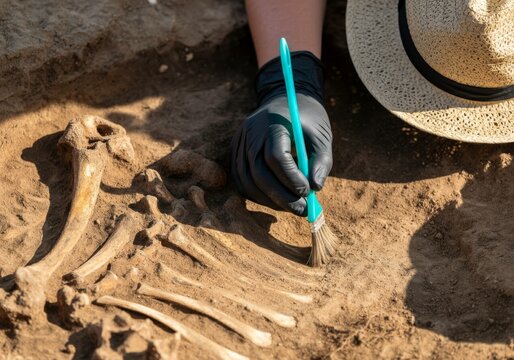 Adult archaeologist with black gloves and straw hat carefully brushing ancient skeleton ribs with blue excavation tool in sandy soil during archaeological dig