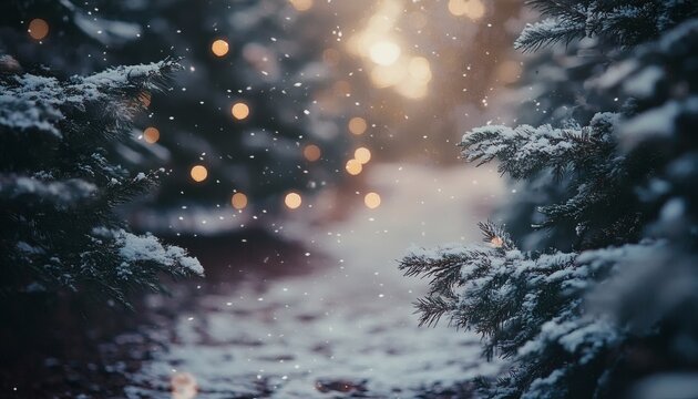 The image shows snow-covered evergreen branches framing a softly lit background with falling snow and bokeh effects.