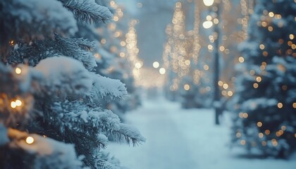 A snow-covered pine tree branch is in the foreground, with a blurred background showing a path lined with lights illuminating the snowy trees.