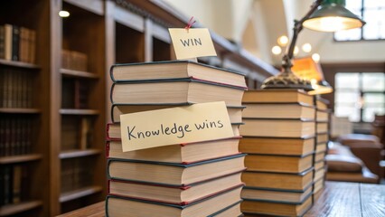 Inspirational Books Stacked with Knowledge Tags and Reading Lights