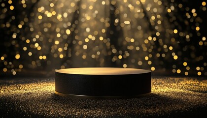 A dark circular platform sits on a bed of gold glitter against a backdrop of blurred golden lights.