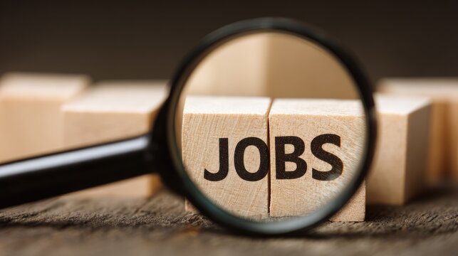 Magnifying glass examining the word Jobs on wooden blocks. Searching for job concept. Employment career opportunities