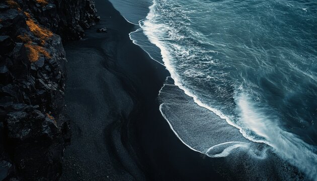The dark blue ocean waves foam white as they roll onto a black sand beach bordered by dark, rocky cliffs.