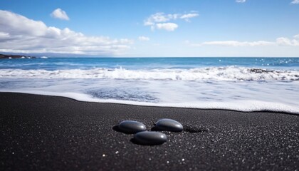 The tranquil scene shows three dark stones resting on a black sand beach near a gently rolling ocean wave under a partly cloudy sky.