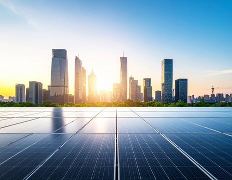 Solar Panels Reflecting City Skyline at Sunset, Sustainable Energy