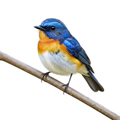 Vibrant Blue-throated Blue Flycatcher perched on slender twig, showcasing azure and orange plumage with creamy belly in close-up under soft lighting