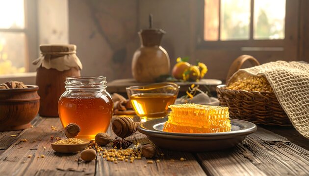 Honeycombs and honey on rustic table