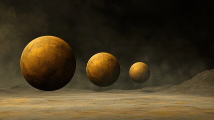 A surreal landscape featuring three golden planets against a dark sky, creating an otherworldly atmosphere.