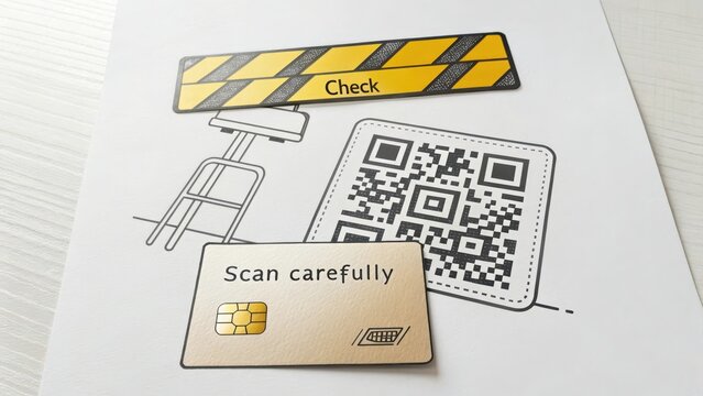 Caution Sign with QR Code and Card on White Background for Scanning
