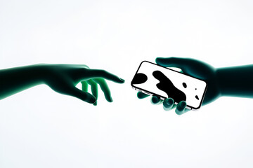 Green hands reaching for phone with black white pattern technology communication