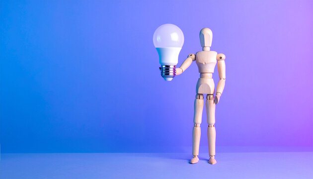 A wooden mannequin holding a bright light bulb, symbolizing ideas, inspiration, and innovation, set against a vibrant, gradient background. - Powered by Adobe