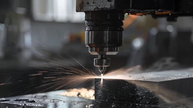 Close up cinematic shot of a powerful table saw cutting through wood as sawdust flies dramatically in the air, captured with slow panning motion and dramatic lighting in a woodworking workshop