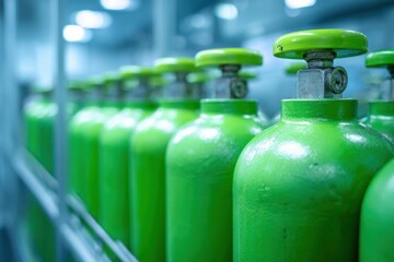 Green oxygen tanks. Bundle of gas cylinder and high pressure gauges, meter, valve. Many argon cylinders with compressed gas for industry, welding. Fuel manufacturing. Liquefied gas production, factory