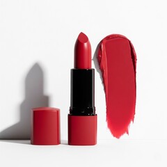 AI-generated illustration of a red lipstick with a swatch on a white background