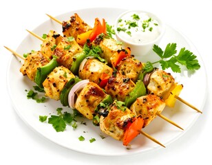Grilled skewers with vegetables and a side dip