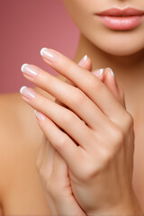 Fototapeta premium Elegant French Manicure: Woman's hands showcase a flawless, classic nail design against a smooth, pink backdrop. Style and subtle beauty.