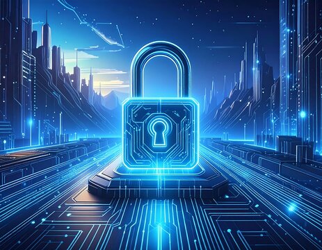 Futuristic padlock on circuit board, city backdrop