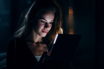 Woman uses a tablet screen at night. The bright glow illuminates her face in the darkness. Modern technology and relaxed evening.