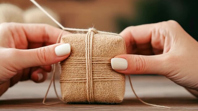 Hands wrapping a gift box with natural twine cord in a rustic setting