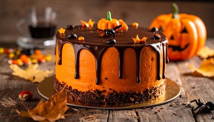 A decorated Halloween cake with a pumpkin and other Halloween decorations. The cake is on a table with a cup of coffee and a jack-o'-lantern pumpkin