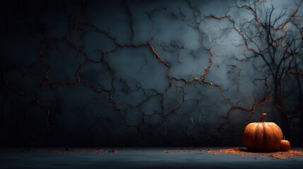 Pumpkins beside cracked dark wall with eerie shadow for Halloween