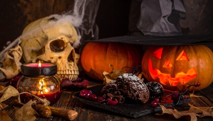 Naklejka premium A spooky Halloween scene with a skull, pumpkins, and decorations. A lighted jack o' lantern, spooky, dark ambiance and fog