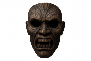 Menacing vampire mask rendering, glaring with eerie intensity, detailed craftsmanship against transparent backdrop