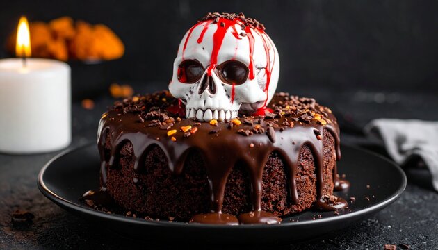 A spooky Halloween cake with skull on top. The chocolate cake looks delicious
