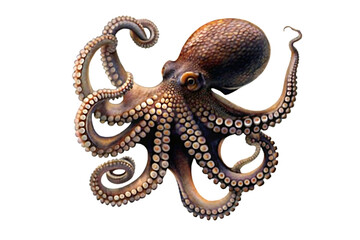 Obraz premium Brown octopus with curled tentacles and suckers on background Keywords: octopus, marine isolated on a transparent background