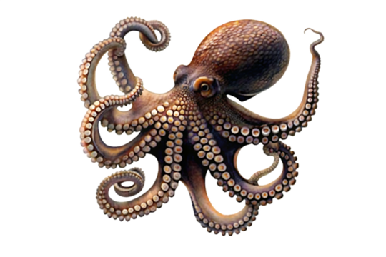 Brown octopus with curled tentacles and suckers on background Keywords: octopus, marine isolated on a transparent background