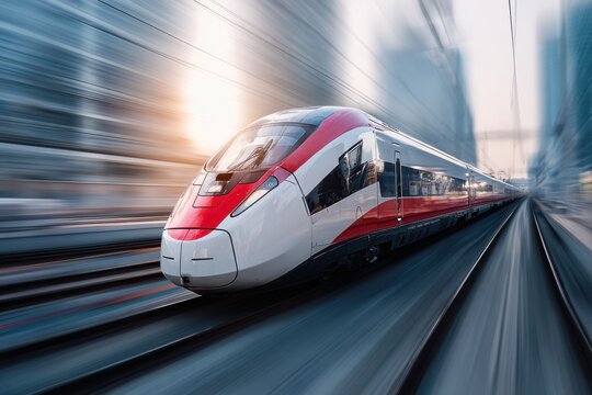 Electric passenger red gray train drives at high speed among urban landscape. Modern high speed commuter train on the railway station and colorful sky at sunset in Europe. Railroad background
