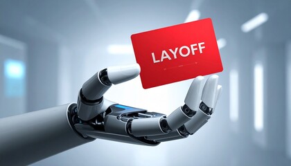 A robotic hand holding a card with the word LAYOFF displayed. The image signifies job displacement and automation