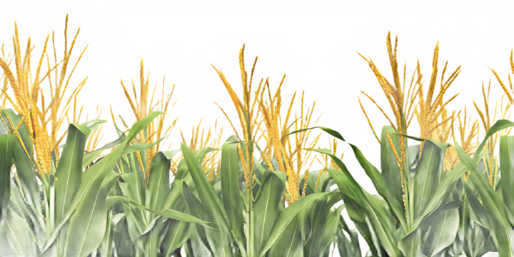 Cornfield with green stalks and golden tassels against a textured white background isolated on a transparent background