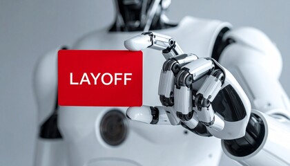 Robot holding layoff card, representing job losses and economic downturn