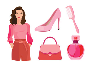 Woman in pink, cosmetics. Flat vector clipart illustration with isolated background.