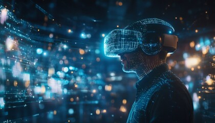 A man uses a virtual reality headset and is surrounded by a digital environment with glowing lines and particles.