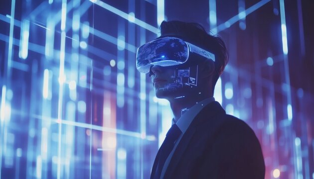 A man in a suit wearing a VR headset sees a futuristic digital interface with blue lines and code.