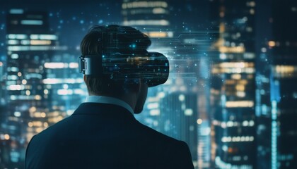 A man in a suit is wearing a VR headset; a digital circuit board overlay is visible, and the background shows a blurred cityscape at night.
