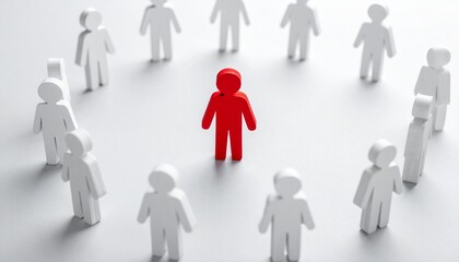 A red figurine standing out amongst a group of white figurines, symbolizing leadership, unity, and standing out from the crowd. 