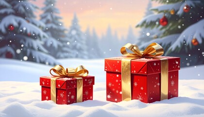 A pair of beautifully wrapped red Christmas presents resting in a snowy winter wonderland, adorned with golden ribbons and bows